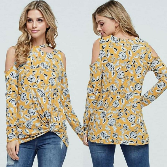 White Birch Tops - Floral Cold Shoulder Long Sleeve